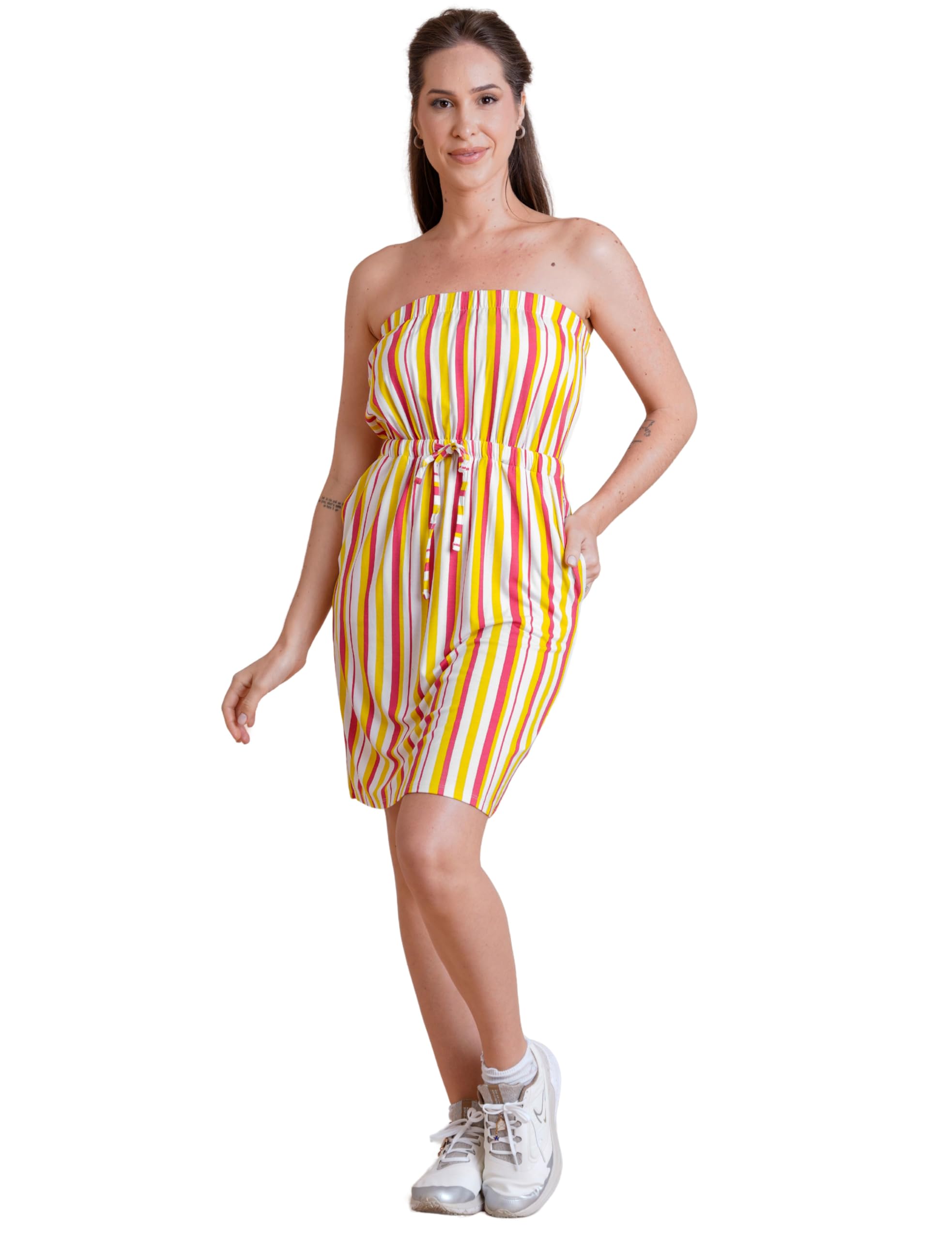Enorsia Womens Printed Bardot Jersey Mini Dress Off Shoulder Soft Breathable Fabric with Elasticated Waist & Drawcord Casual Summer Womens Dress (14, Yellow Red Stripe)