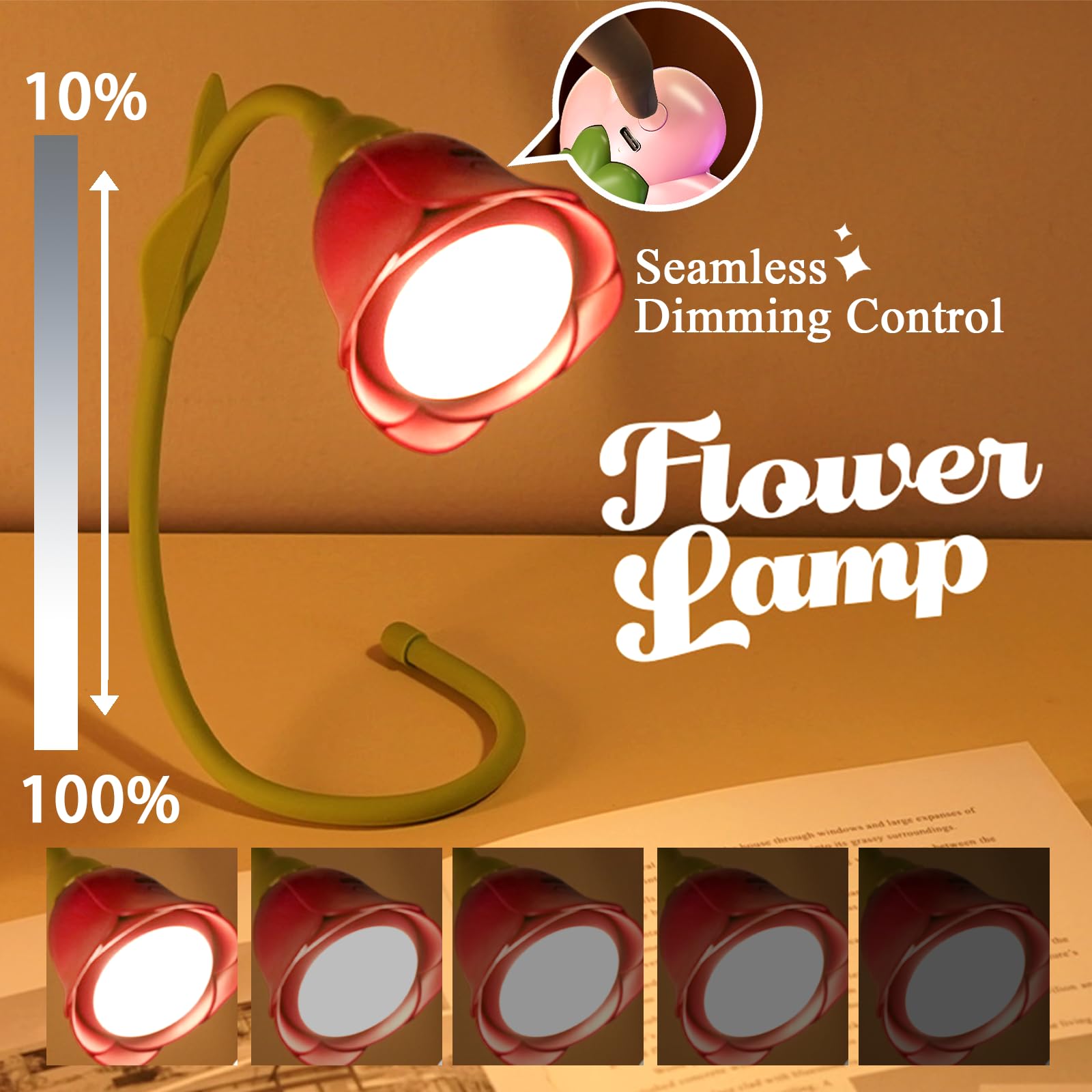 Roses Book Light for Reading,Rechargeable Flower Lamp,Bendable Neck Light with 3 Color Temperatures & Stepless Dimming Brightness for Reading at Night,Pink Gifts for Mom,Mother,Women,Book Lovers Club