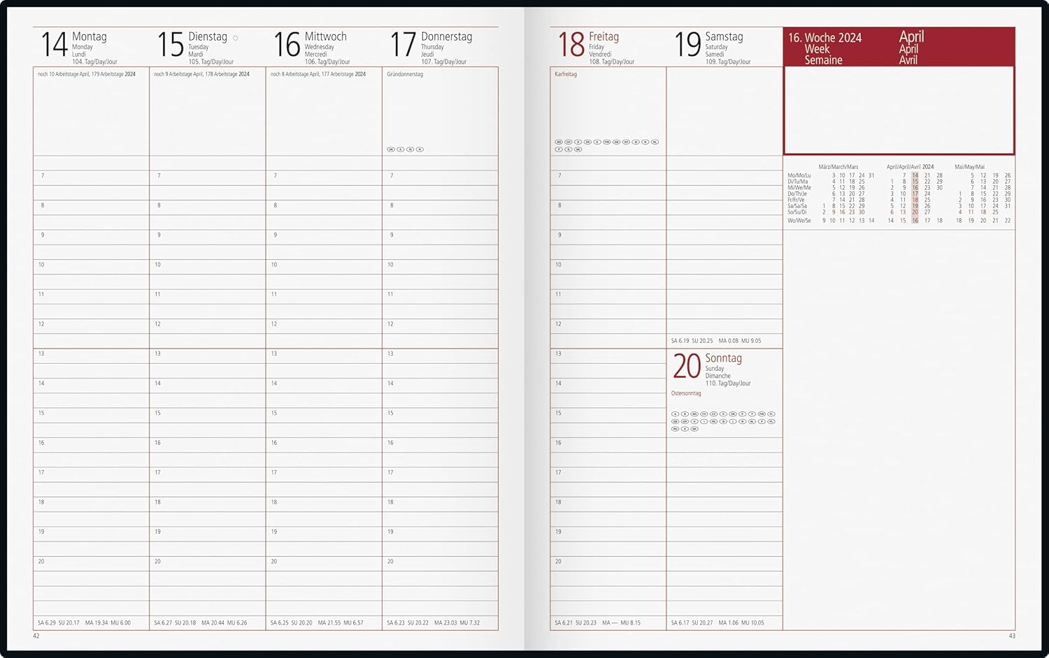 rido/idé TM 2024 Weekly Calendar 2 Pages = 1 Week Sheet Size 20.5 x 26 cm Black
