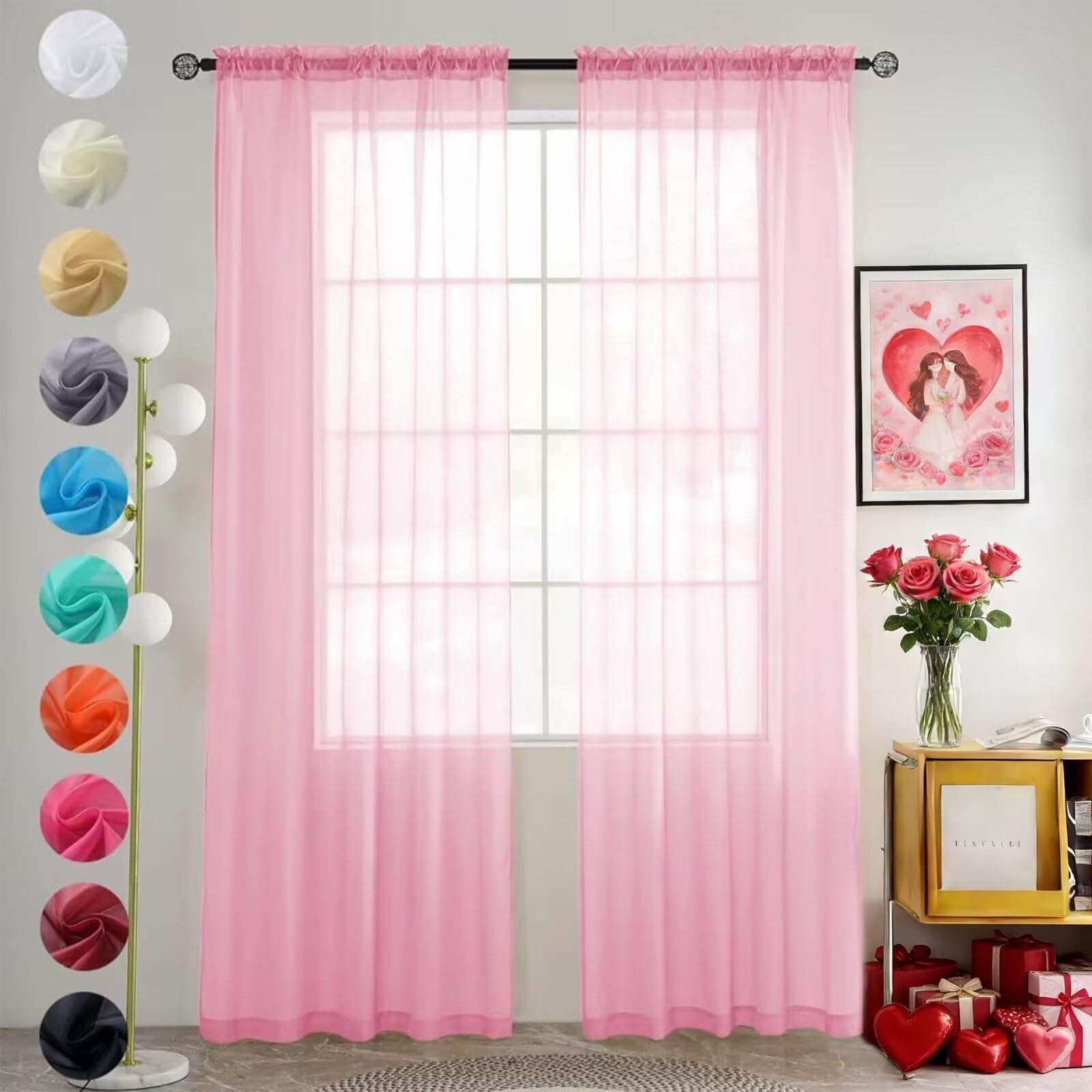 youleyar Solid Sheer Rod Pocket Curtain Voile Draperies 2 Panels White Beige Black Grey Coffee 52 Inch Width 63 Inch Long 1 Pair for Kitchen Bedroom