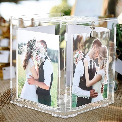 OurWarm Caja de tarjetas de boda de acrílico con marco de fotos para fotos de 8 x 10 pulgadas, soporte grande giratorio para caja de regalo con