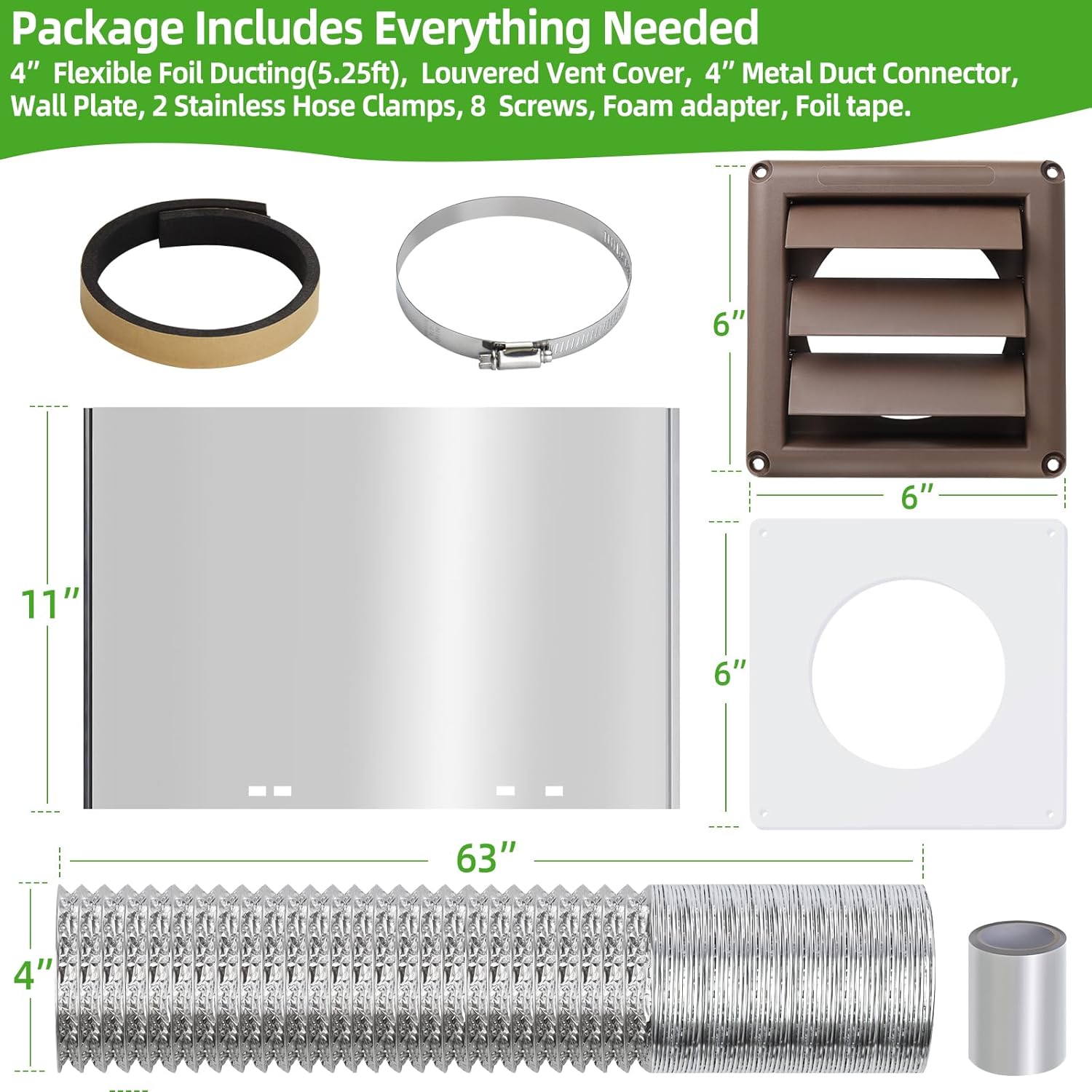 Dryer Vent Kit with Hose/Duct Connector/Wall Plate,4Inch Dryer Wall Vent Hose Connector Wall Duct Kit for Bathroom Ventilation Fan Exhaust,Ceiling Washer Air Circulation,Brown Louvered Dryer Vent Hood
