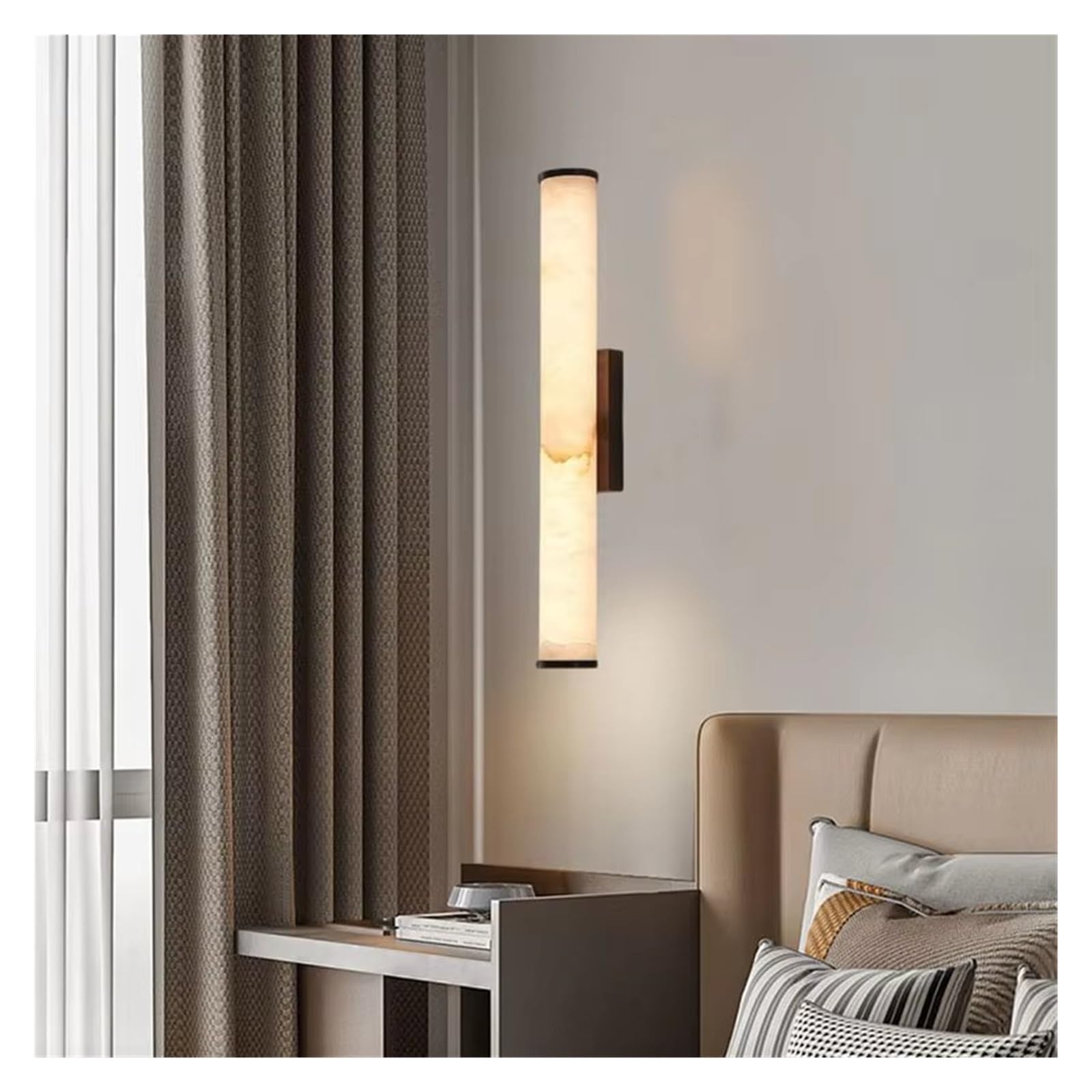 ASerZenith Nordic Marble Copper Cylindrical Led Wall Lamp Black Villa Background Wall Bedroom Study Lighting Fixtures,Warm White-50Cm