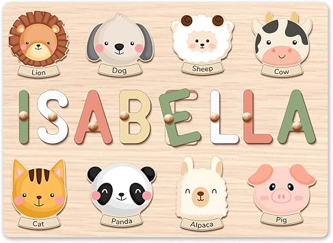 Personalized Name Puzzle for Toddlers 1-3 - Personalized Baby Gifts Name Puzzles for Kids - 1st Birthday Gifts for Girls & Boys - Wooden Alphabet Shape Puzzle Educational Toys for Kids Animal