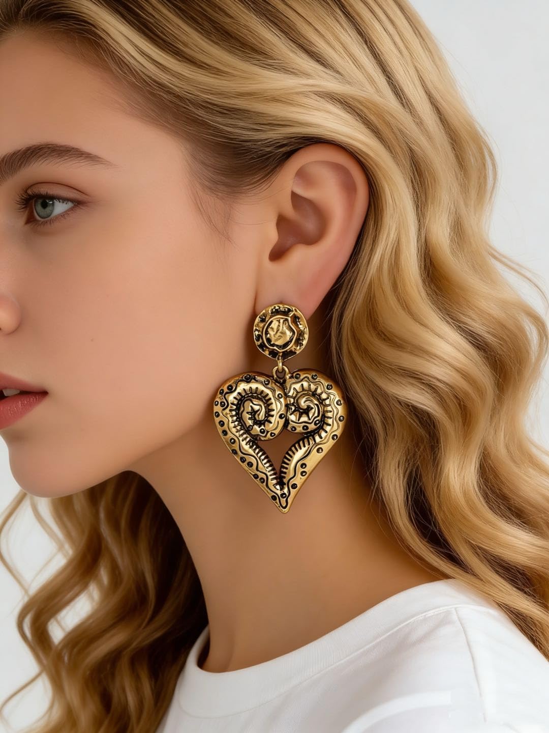 Large Heart Chunky Earrings,Bold Gold Statement Chunky Vintage Studs Earrings Thick Fashion Dangle Drop Earring Jewelry Gifts for Women - Image 3