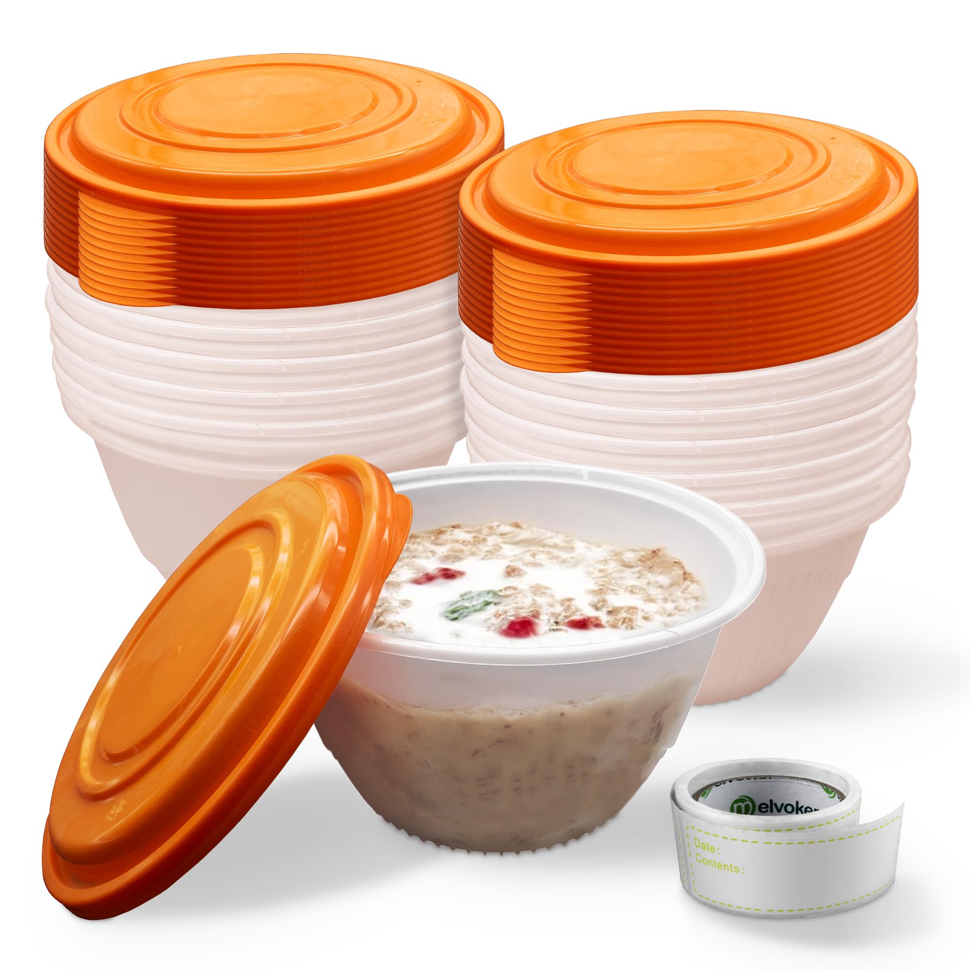 Melvoker 24Piece Round Food Containers - 1000ml (32oz) with Lids for Meal Prep - Microwave & Freezer Safe, BPA Free