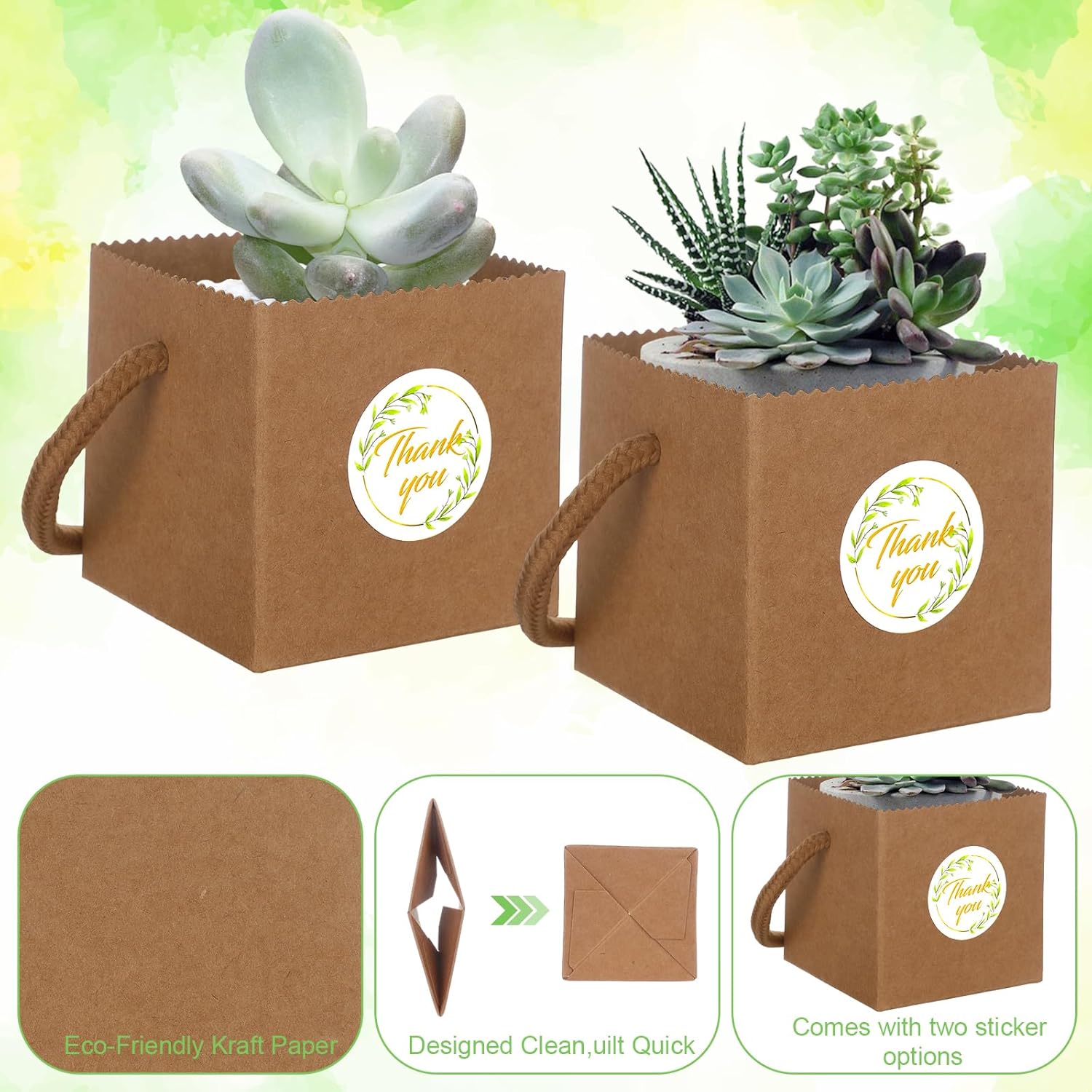 100pcs Succulent Wrap Bags Bulk Fits 2.5 Inch Pots with Thank You Stickers, Mini Kraft Paper Succulent Gift Box Basket with Handles for Wedding, Baby Shower, Succulent Plants Party Favors for Guests - Image 4