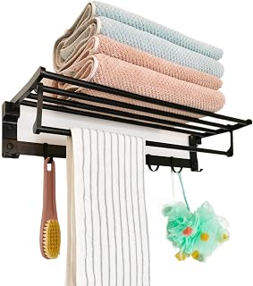 Towel Rack with Towel Bar for Bathroom Wall Mount,Foldable Toalla Holder with Hooks,Hotelier Rustproof Adjustable Bath Towels Shelf,No Drill,24 Inch Matte Black