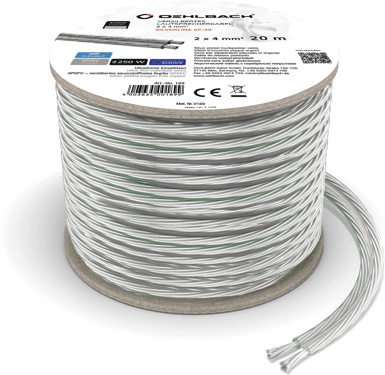 Oehlbach Silverline SP-40 Stereo Hi-Fi Speaker Cable with SPOFC (Silver-Plated Copper) 2 x 4 mm² Mini Coil Speaker Cable 10 m