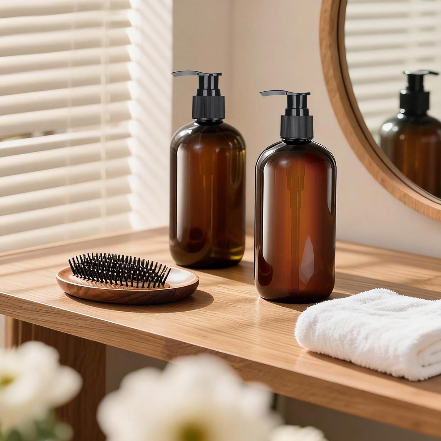 48 Pcs 8oz Plastic Amber Bottles with Pump Refillable Shampoo Dispenser Empty Hand Soap Pump Bottle Body Wash Container Bulk