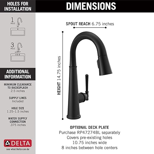 Miniatura 3 de Delta Faucet Emmeline - Grifo de barra negro mate con rociador extraíble, grifo de fregadero de barra negra de un solo agujero, grifos de barra