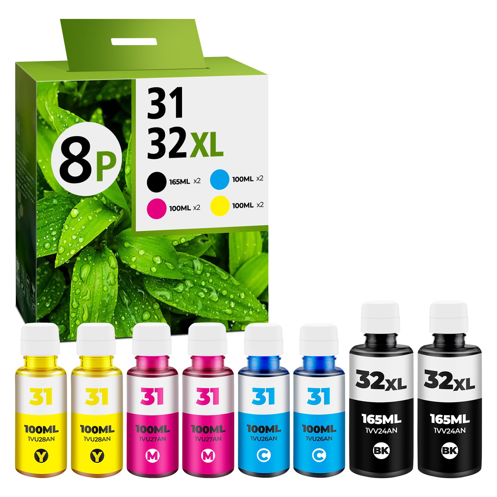 31 Ink Bottle Set, 32XL Black Ink Bottle Set Compatible with HP Smart Tank Ink 7602 5101 651 6001 5000 5103 7301 7001 7302 Printers, 31 32XL Black Ink