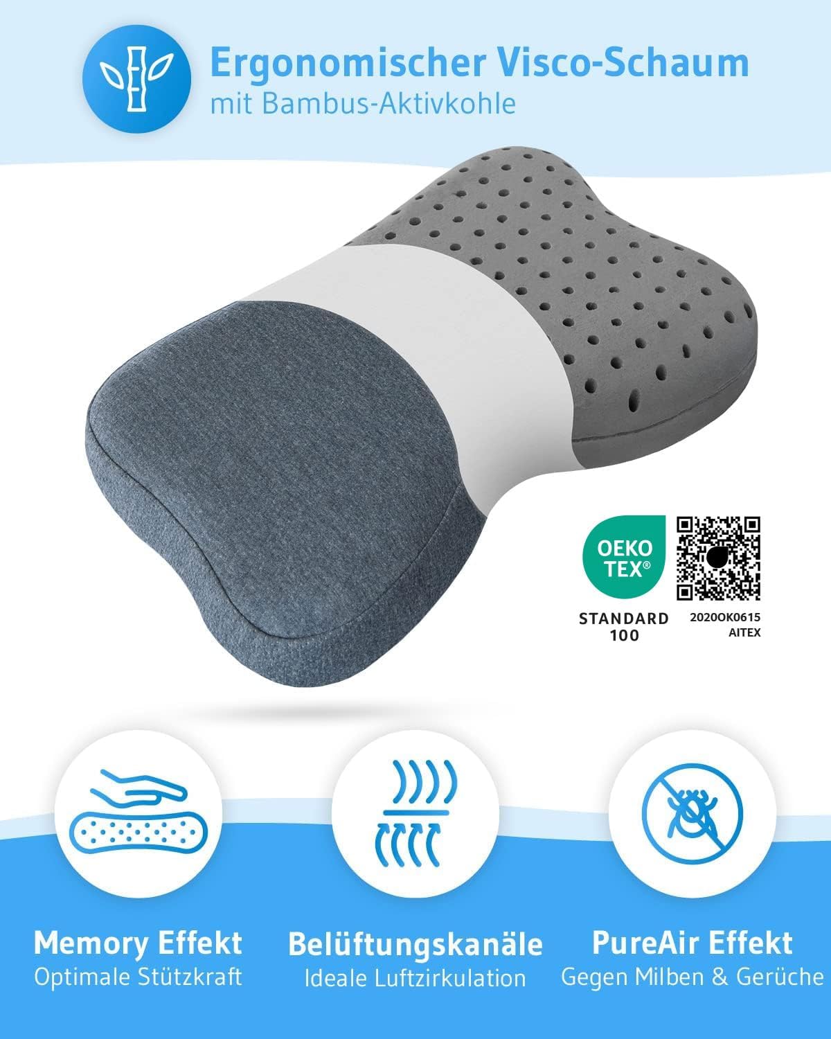 Almohada cervical Recovery QuickDry | Almohada ergonómica viscoelástica con carbón activado de bambú | Creada para dormir de lado o boca arriba | Funda con termorregulación y de secado rápido