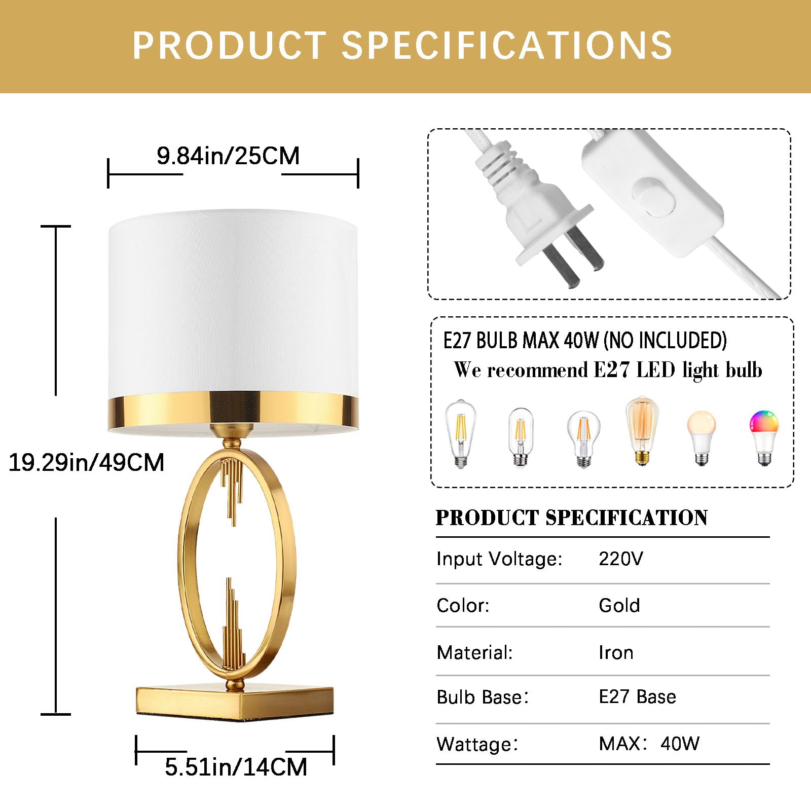 Lampada Da Tavolo Oro, Lampade Da Comodino Di Luce Moderna Per Il Soggiorno,Camera Da Letto Lampada Da Tavolo In Tessuto Bianco Base In Metallo E27 Lampada Da Letto, 49 X 25 Cm