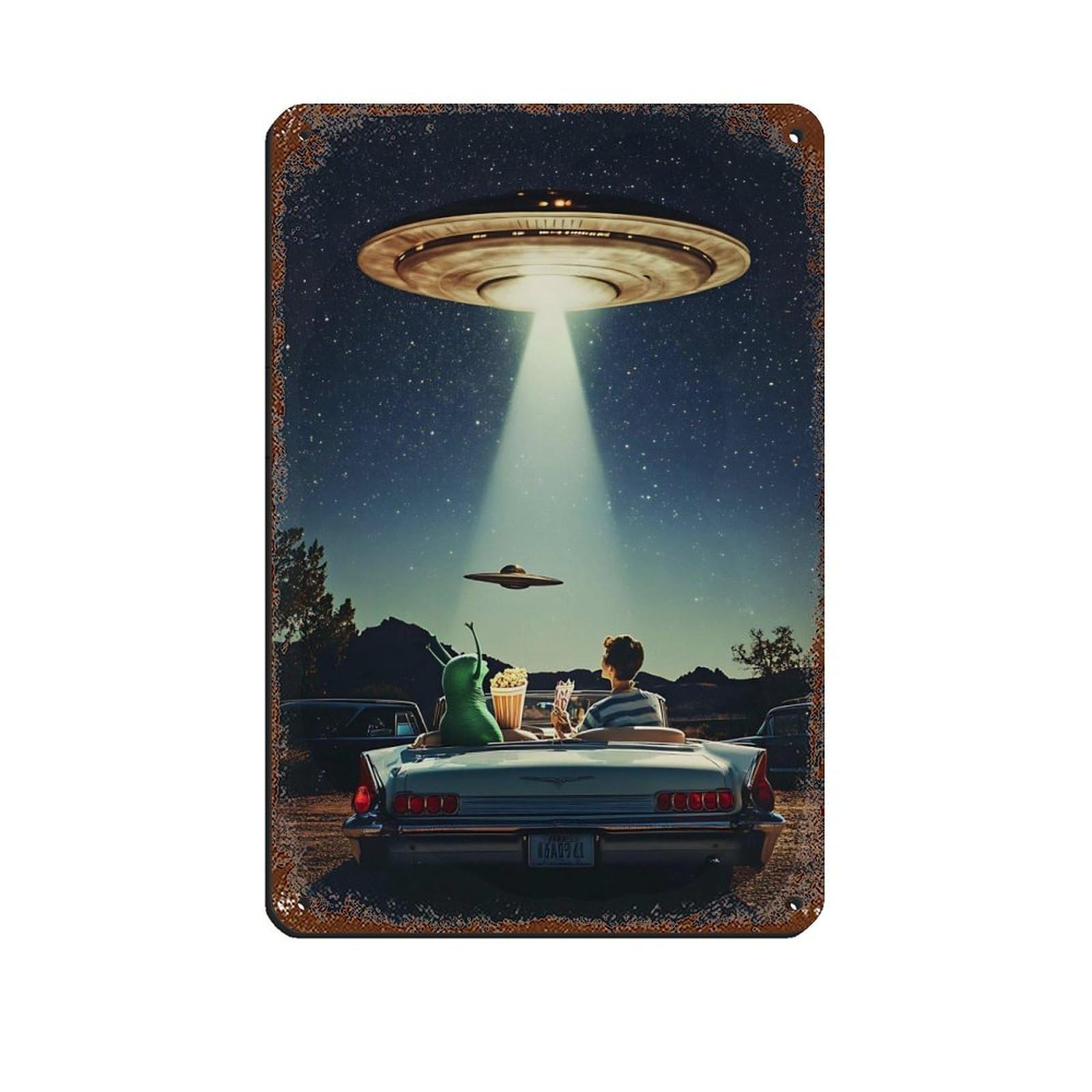 UFO Alien And Human in Classic Car Retro Poster Metal Tin Sign Chic Art Retro Iron Painting Bar People Cave Cafe Family Garage Poster Wall Decoration 8x12inch(20x30cm)