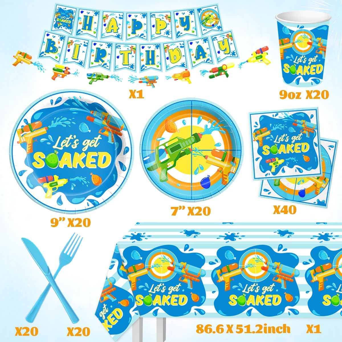 Summer Birthday Party Decorations-142Pcs Let's Get Soaked Tableware Set for Summer Pool Water Gun Splish Splash Party Supplies