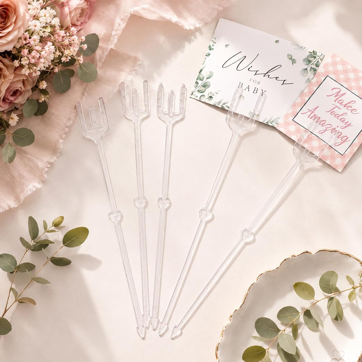 Oqqlin 240 Pcs Floral Card Holder Picks, 9.4 Inch Clear Plastic Flower Card Holders Picture Memo Clip Holder for Wedding, Party, Birthday, Baby Shower Supplies