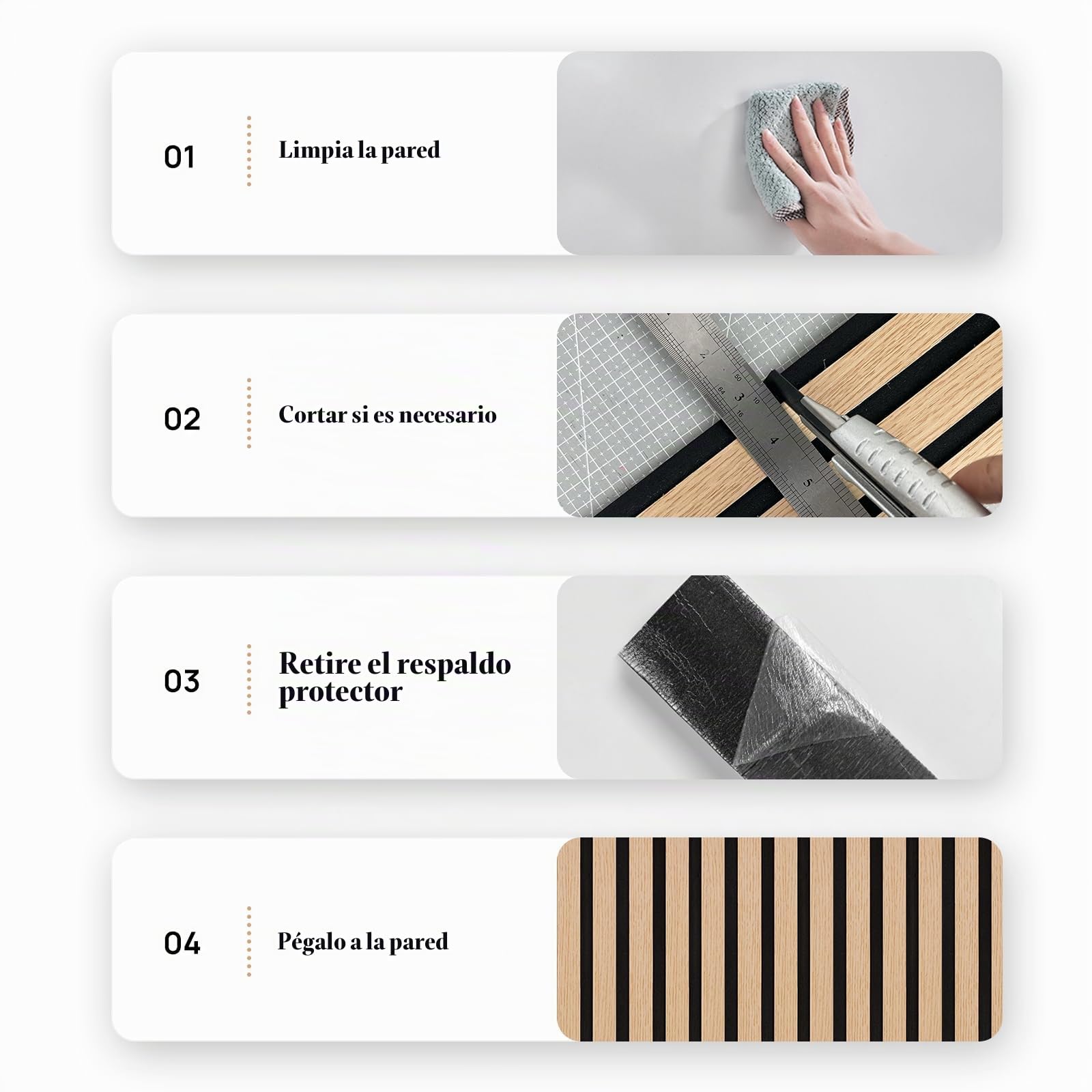 Paneles de pared de listones autoadhesivos, 4 rollos de paneles decorativos de pared para despegar y pegar, panel de madera 3D para paredes (2,5 metros/rollo)