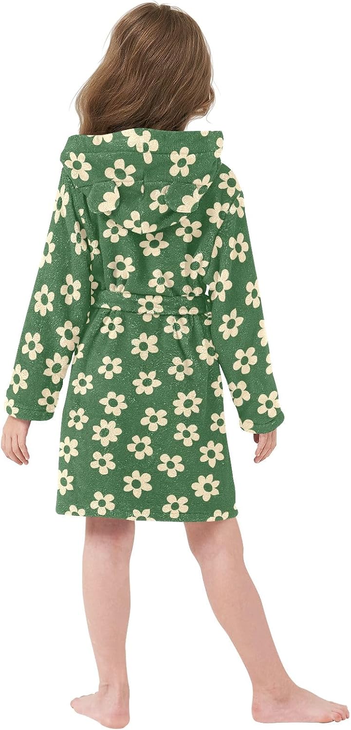 Cartoon Simple Shape Green Flower Toddler Hooded Bathrobe for Boys Girls Soft Plush Bath Towel Robe 2-12 Years