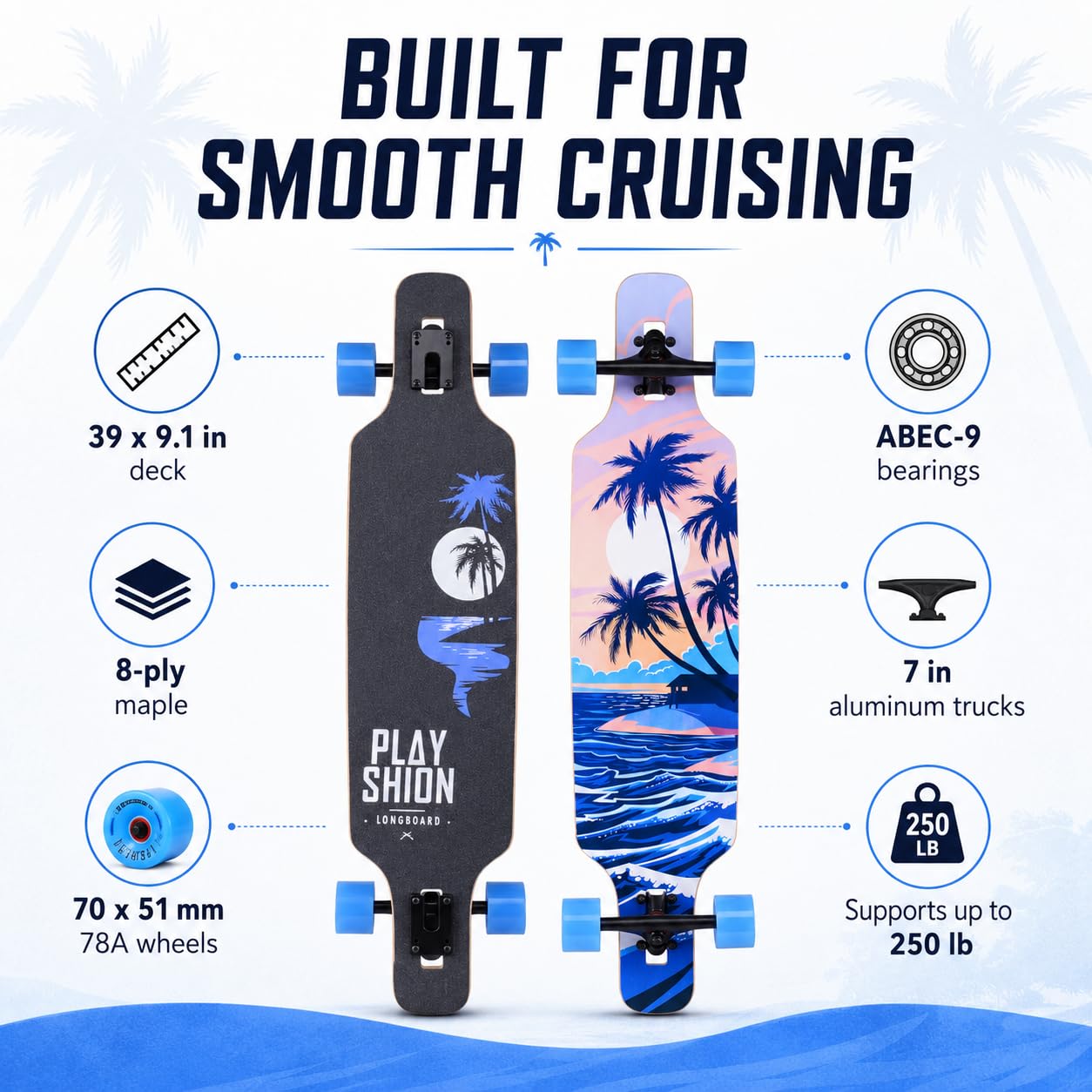 Playshion 39" Longboard Drop-Through Freestyle, Roulements ABEC 11