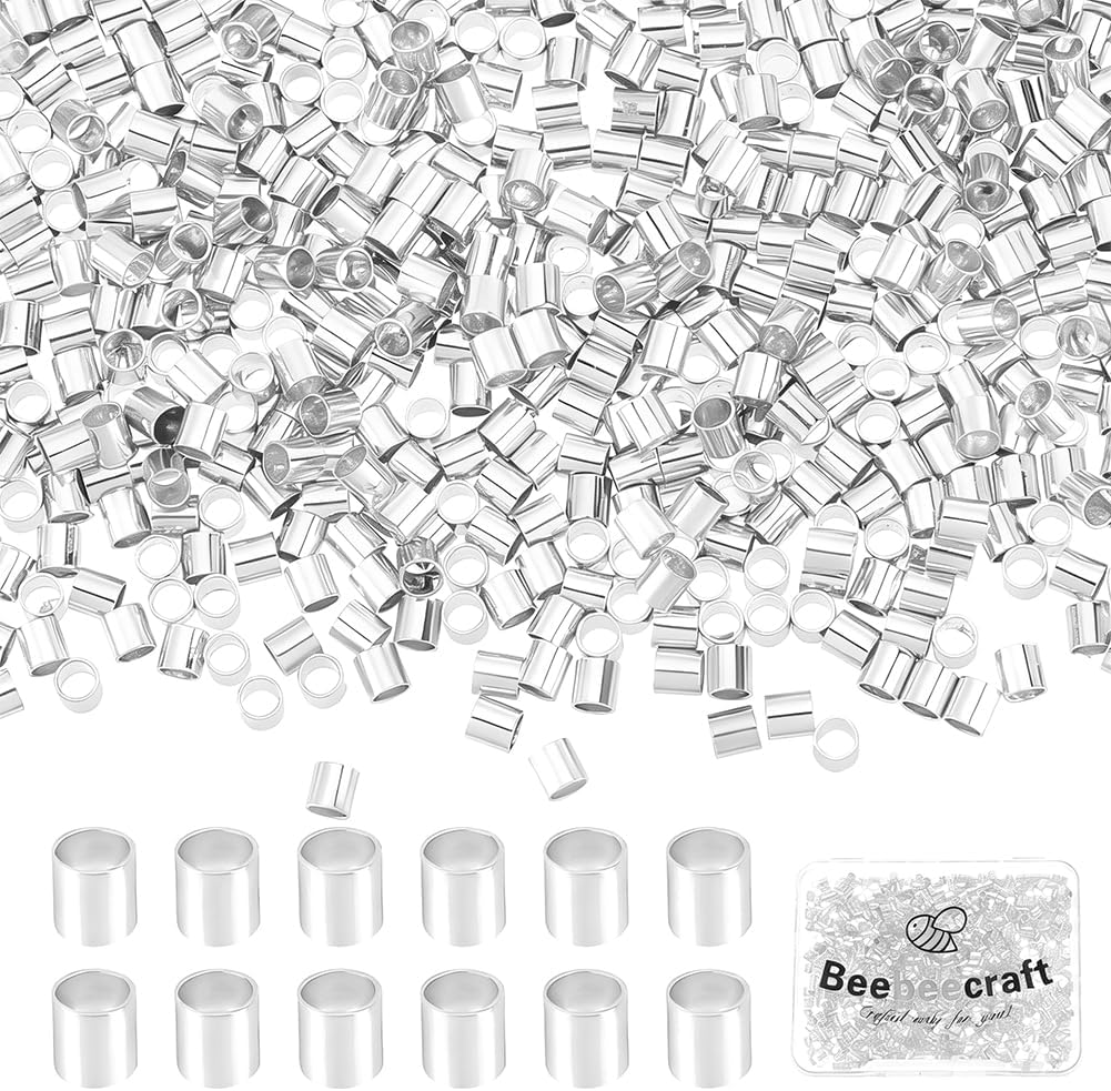 Beebeecraft 1 Box 1000Pcs Tube Crimp Beads 925 Sterling Silver Plated Brass Stopper Crimping Bead Column Positioning Beads for Jewelry Making DIY Crafts Findings, Tiny 2x2mm