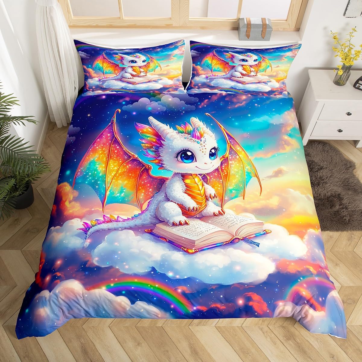 Cartoon Dragon Duvet Cover Set Toddler Size,Glitter Starry Sky Rainbow Bedding Set,Boys Girls Room Decor,Cute Western Animal Reading Book Comforter Cover,Blue White Quilt Cover,1 Pillowcase(No Filler)