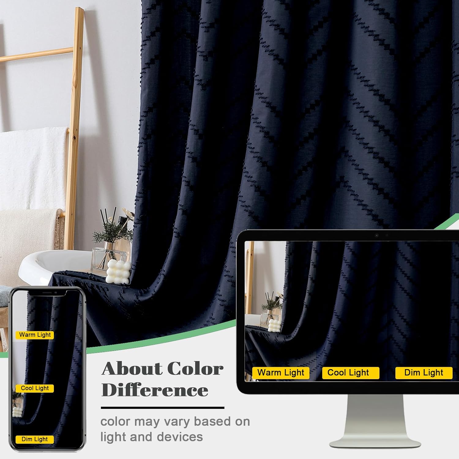 OWENIE Extra Long Navy Blue Boho Shower Curtain, Chic Tufted Chevron Striped Textured Cloth Fabric Shower Curtains with Tassel for Bathroom, Soft Hotel Style Farmhouse, Machine Washable, 72x96