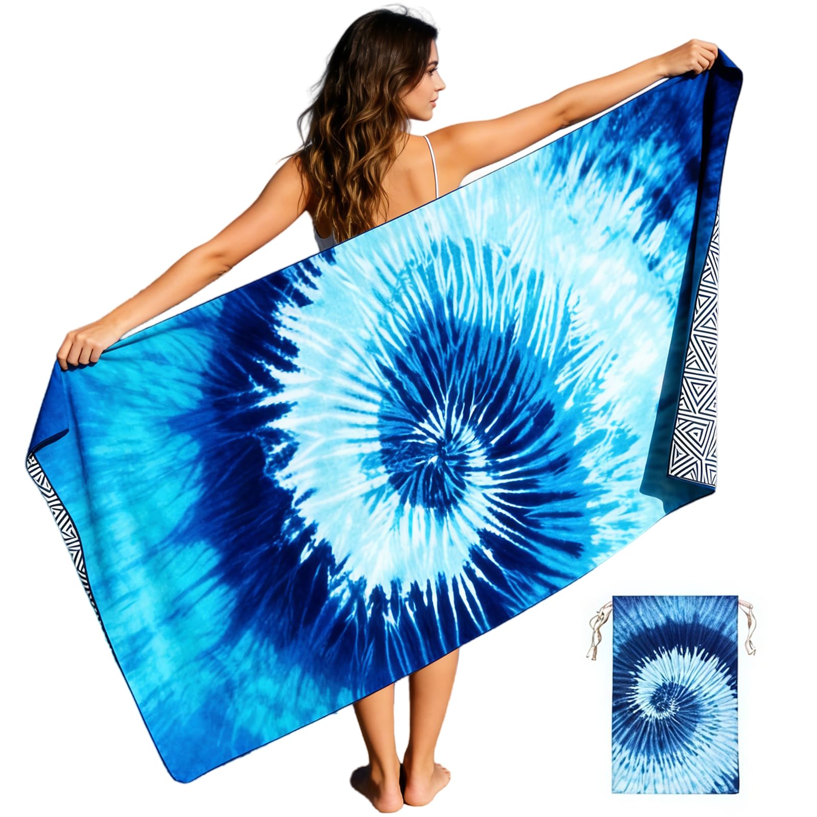 Large Microfibre Beach Towel for Adults with Bag 160x90cm,Blue Quick Dry Beach Towel with Double Sided,Lightweight Beach Microfiber Towels for Travel Drying Gym Yoga Sports Swim Towel for Women Men