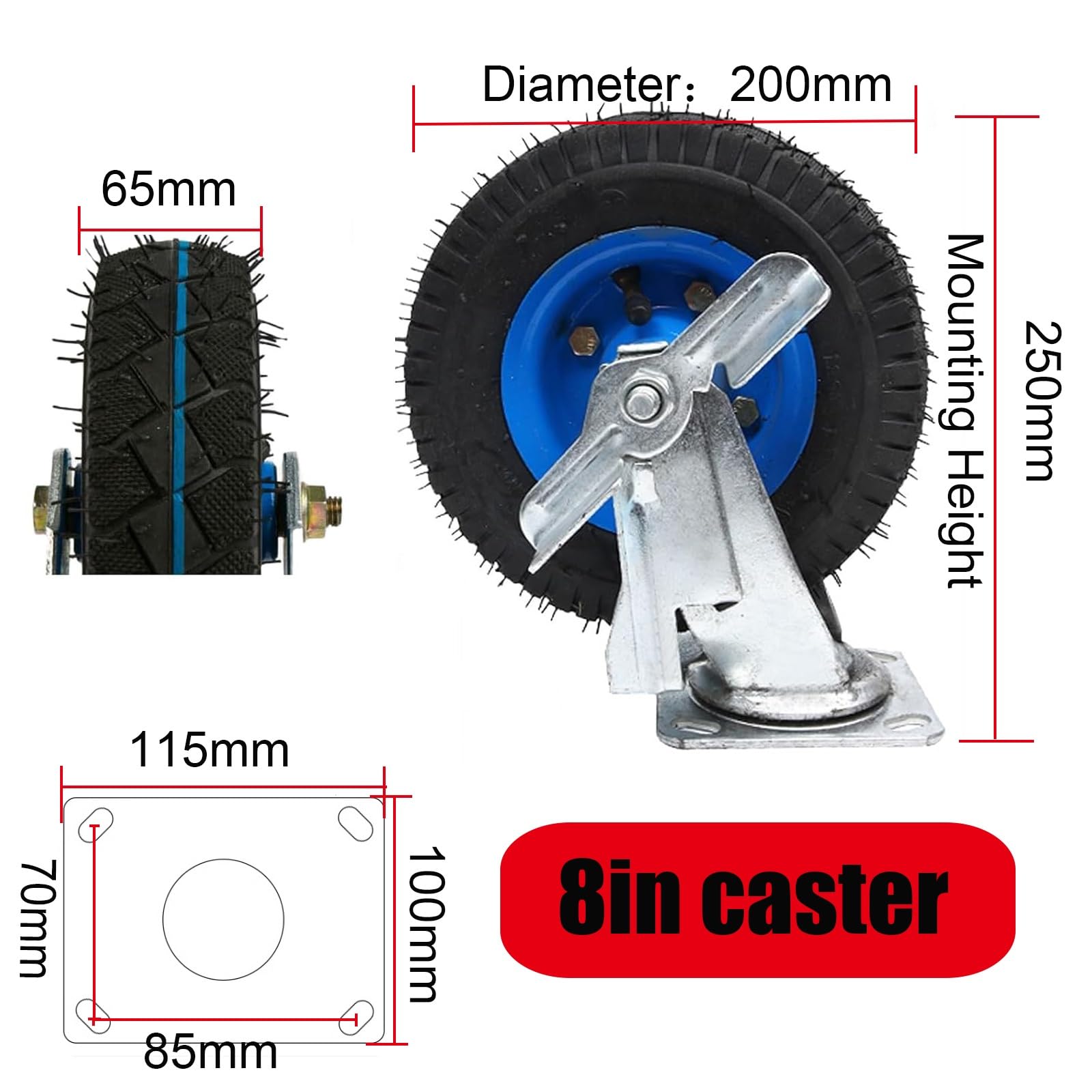 Ruote girevoli mobili, Ruote per carichi pesanti con freni, ruote Fissa per mobili, da 2 pezzi, Ruote Pneumatiche, Ruota di trasporto Industriale, 150mm 200mm 250mm, Ruote per Carrello
