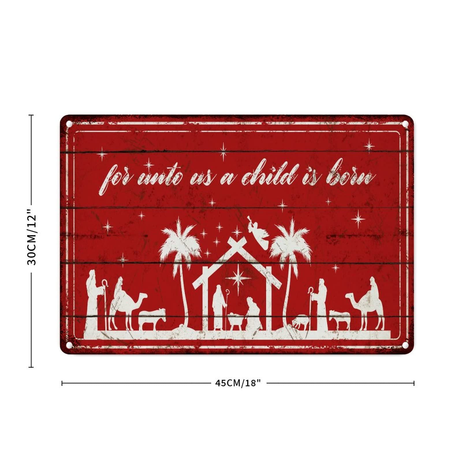 Plaque murale vintage en métal crèche Noël rouge 30x45 cm