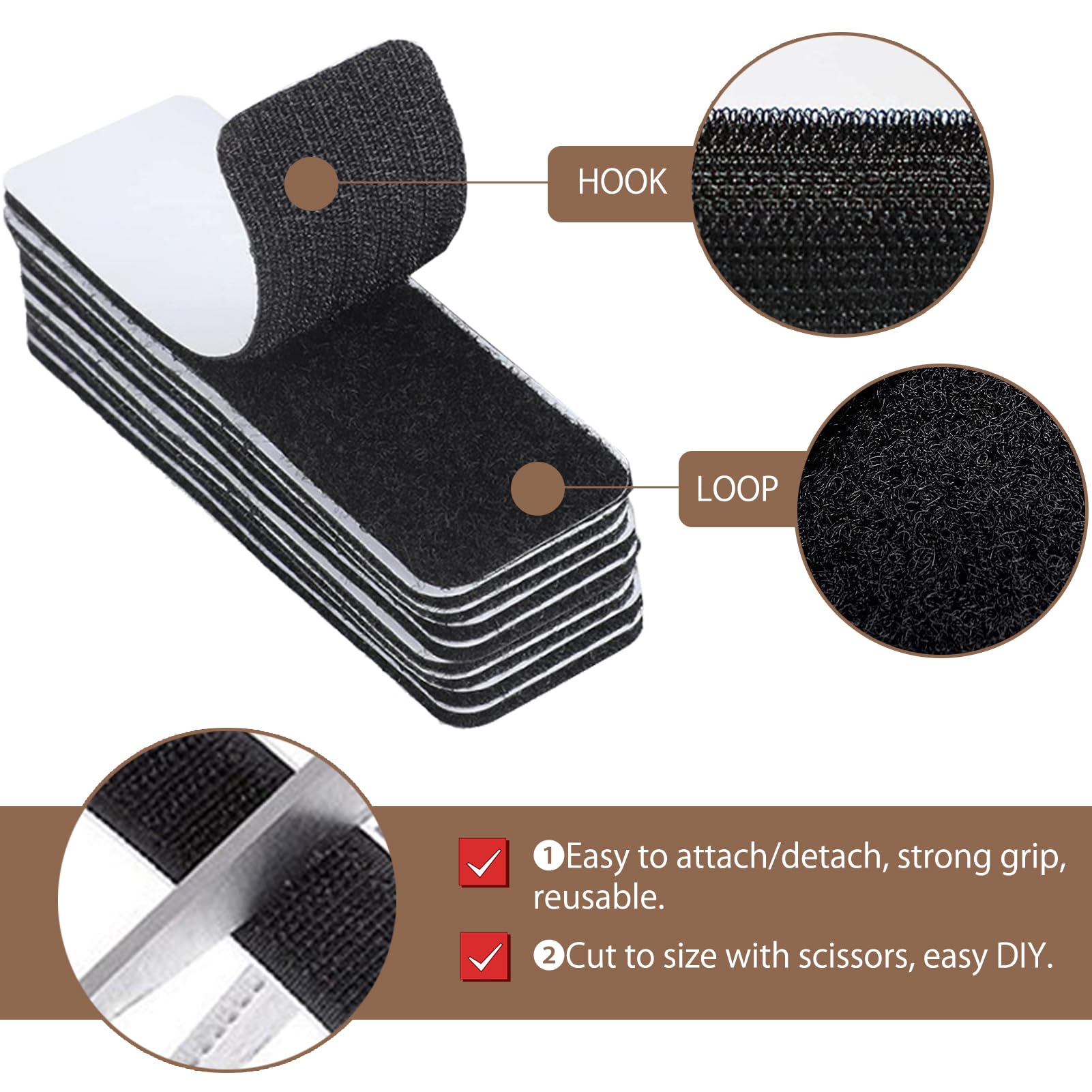 Lot de 70 bandes adhésives double face 10,16 cm crochet et boucle - Fixation sans trous ni vis - Noir