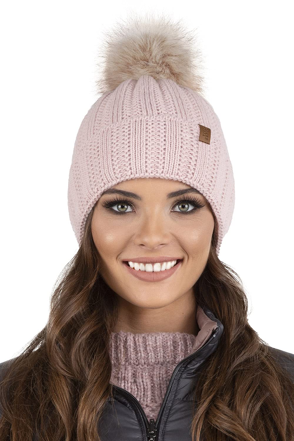 VIVISENCE Damen Winter Mütze Mit Kunstpelzbommel Strickmützen Aus Warmem Garn Mit Modischem Gewebe Aufgerollt Mit Weichem Fleecefutter Ideal Für Kalte Wintertage Modell 7019