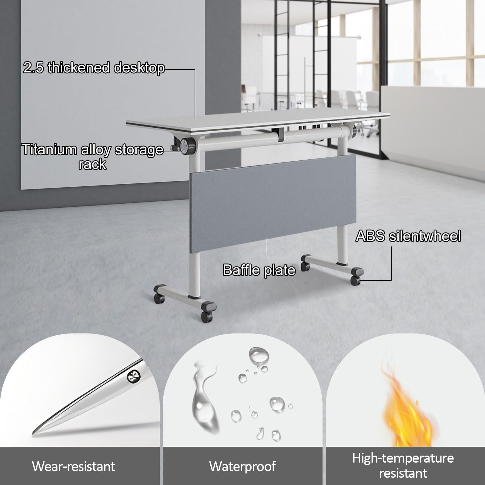 Mobiler Konferenztisch, zusammenklappbar, moderner Konferenztisch mit Klappdeckel für Büro, Seminar, Klassenzimmer, tragbar, Weiß, 2 Stück, Größe 140 x 50 x 75 cm
