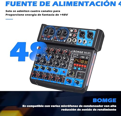 Miniatura 5 de BOMGE Consola mezcladora de sonido mini DJ Audio de 6 canales con interfaz USB, Bluetooth, grabación estéreo, alimentación fantasma de 48V, 24