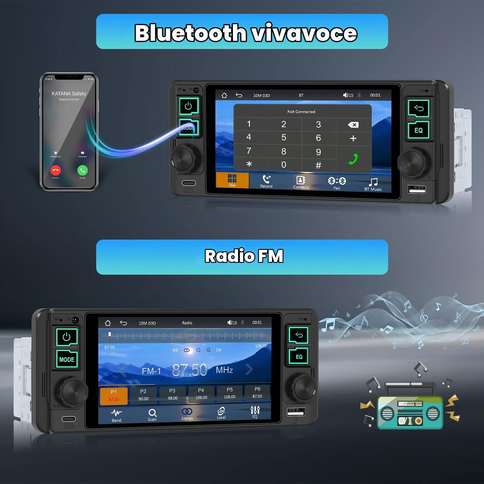 Inefala Autoradio 1 DIN con Wireless CarPlay Android Auto Mirror Link, 5.1 Pollici Touchscreen Stereo Auto Bluetooth 1 Din con Radio FM EQ SWC USB & Type-C SWC MIC Retrocamera