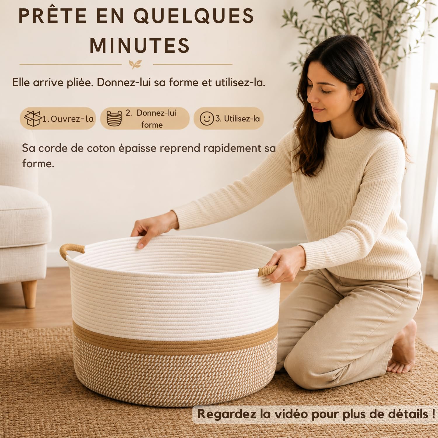 BELMIN Panier a Linge XL 65L – Grand Panier Rangement avec Poignées, Ø50cm, Coffre a Jouet, Panier de Rangement pour Chambre, Salle de Bain et Laundry Basket Design
