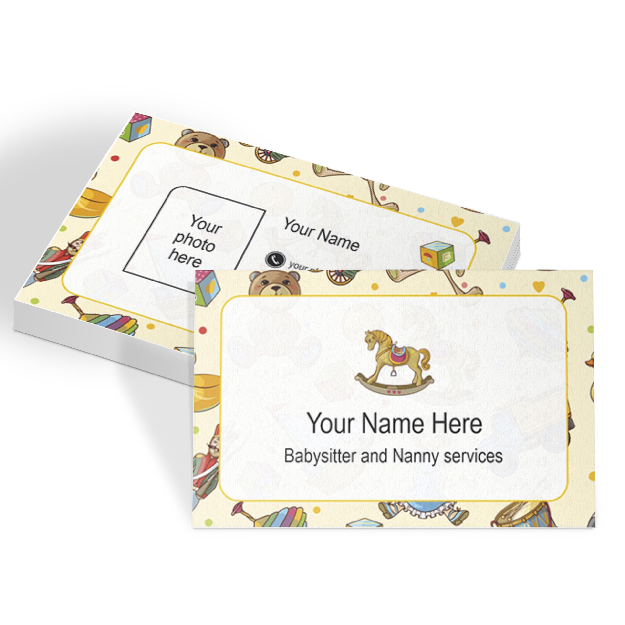 lepni.me Custom Babysitter Business Cards with Your Name, Phone, Email Personalized Yellow Baby Toys Design for Babysitters Services Nanny Business Cards Gloss or Mat or Laminated All PCS