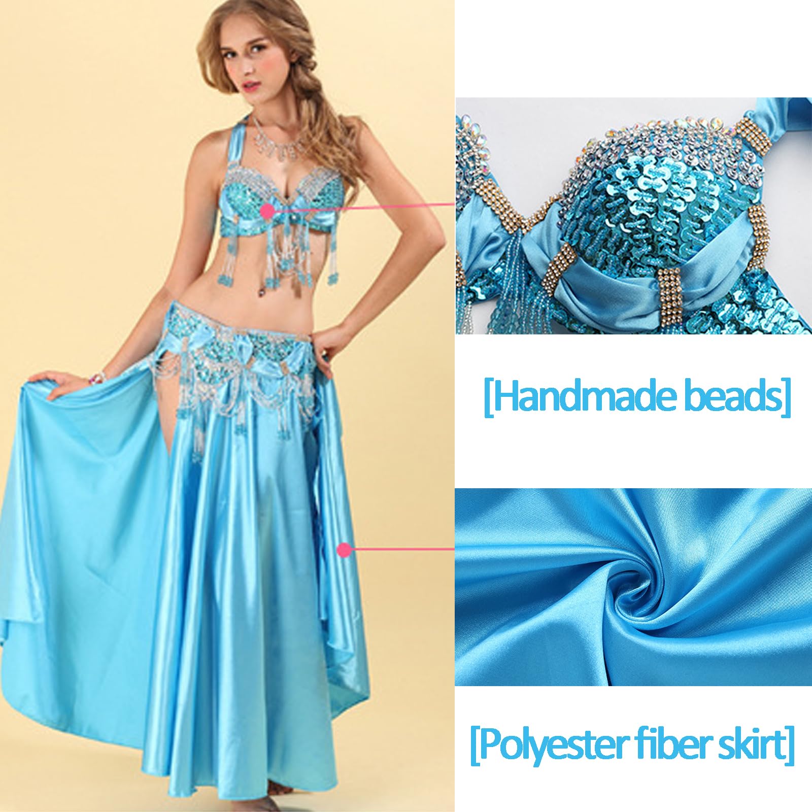 Traje Danza Vientre para Mujer Conjunto 3 Piezas,Ropa Rendimiento satén con Dos Aberturas Laterales para Danza Vientre,Faldas flamencas Carnaval Halloween Traje Danza Vientre,Oro,S