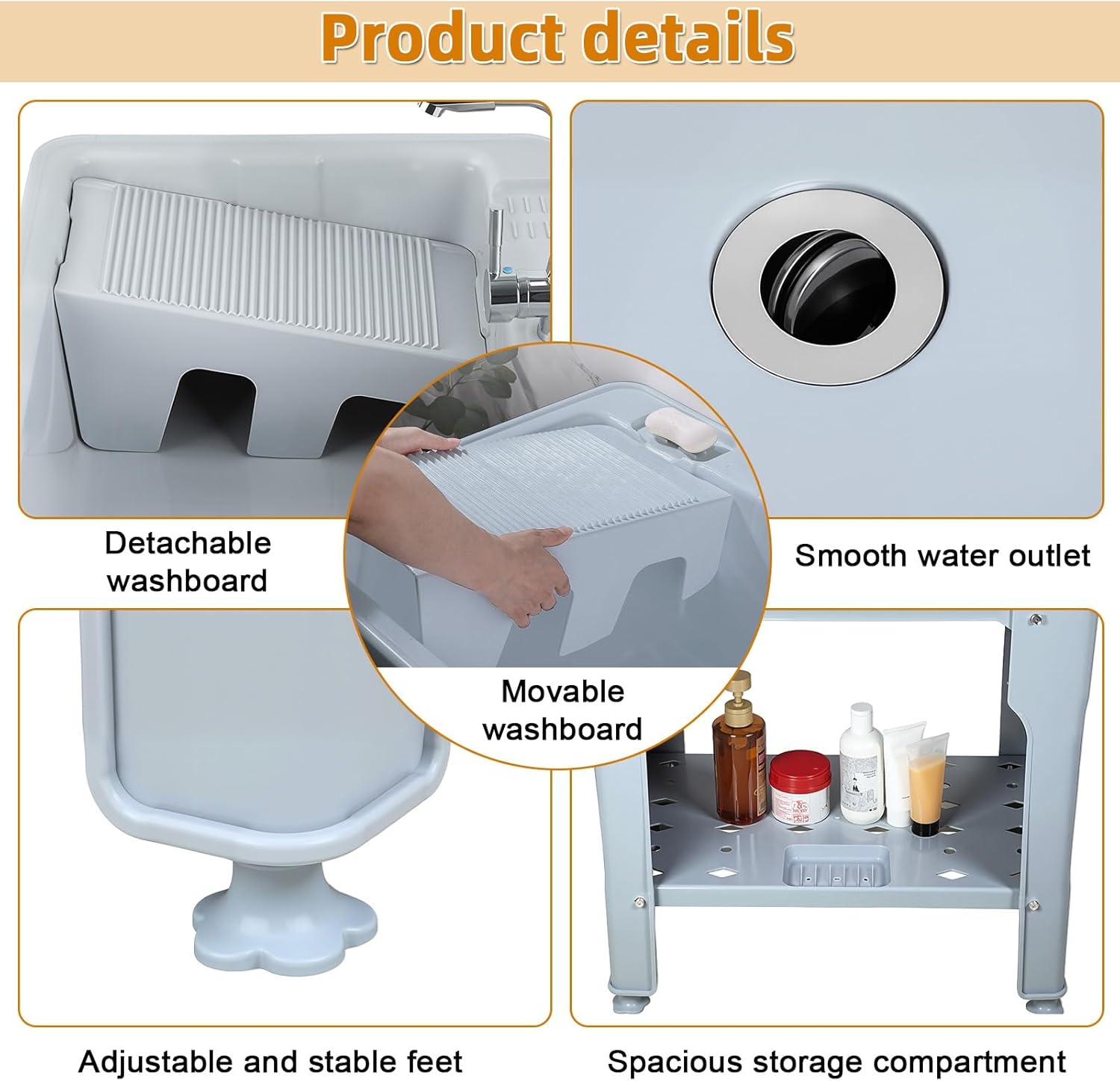 Plastic Laundry Sink, Utility Sink Laundry Tub, Portable Hand Wash Station, Outdoor Sink with Hose Hook Up Freestanding Laundrys Sinks with Removable Washboard, for Washing Room, Backyard Grey