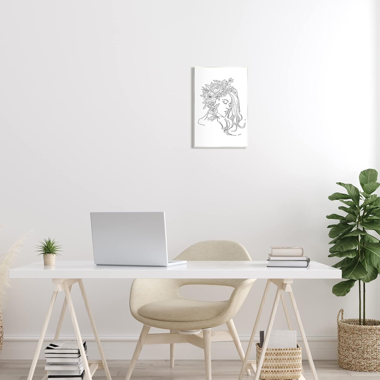 Stupell Industries Woman Face Detailed Blossoming Flowers Line Drawing Wood Wall Art, Design By Ziwei Li