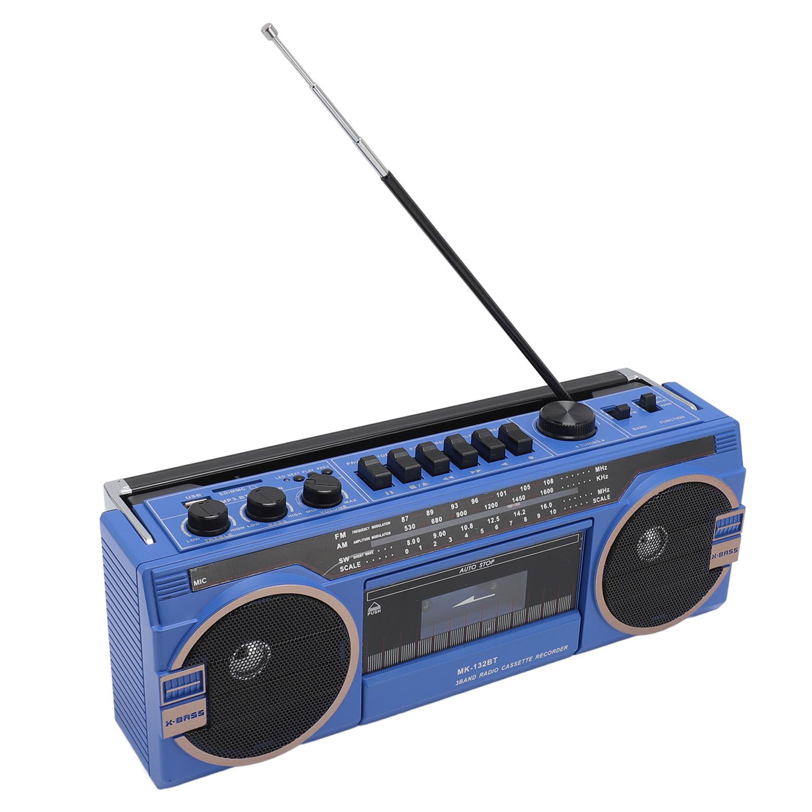 Kassetten Boombox, Retro Blueooth Boombox mit USB, SD und 3,5 Mm AUX Eingang, AM FM SW Kassettenspieler und Recorder (Blue)