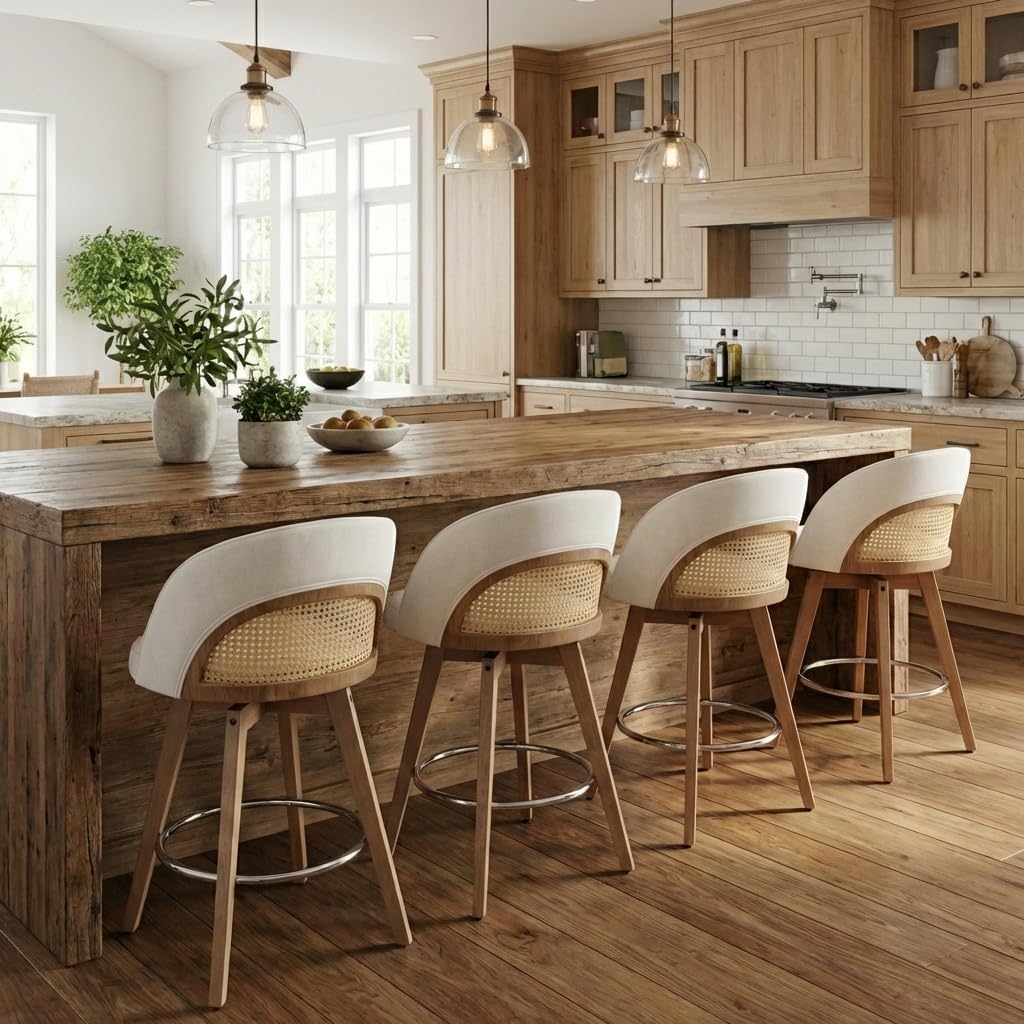 CIMOTA Swivel Counter Height Bar Stools Set of 2, Modern 26" Chenille Kitchen Island Stools with Curved Back and Wooden Legs, Rattan Counter Stools with Silver Footrest for Dining Room, Beige