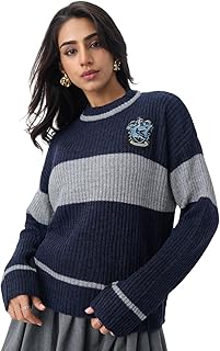 The Souled Store Harry Potter: The Thinkers Women and Girls Full Sleeves Round Neck Navy Grey Striped Acrylic Oversized Fi... Price In India