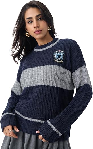The Souled Store Harry Potter: The Thinkers Women and Girls Full Sleeves Round Neck Navy Grey Striped Acrylic Oversized Fi...