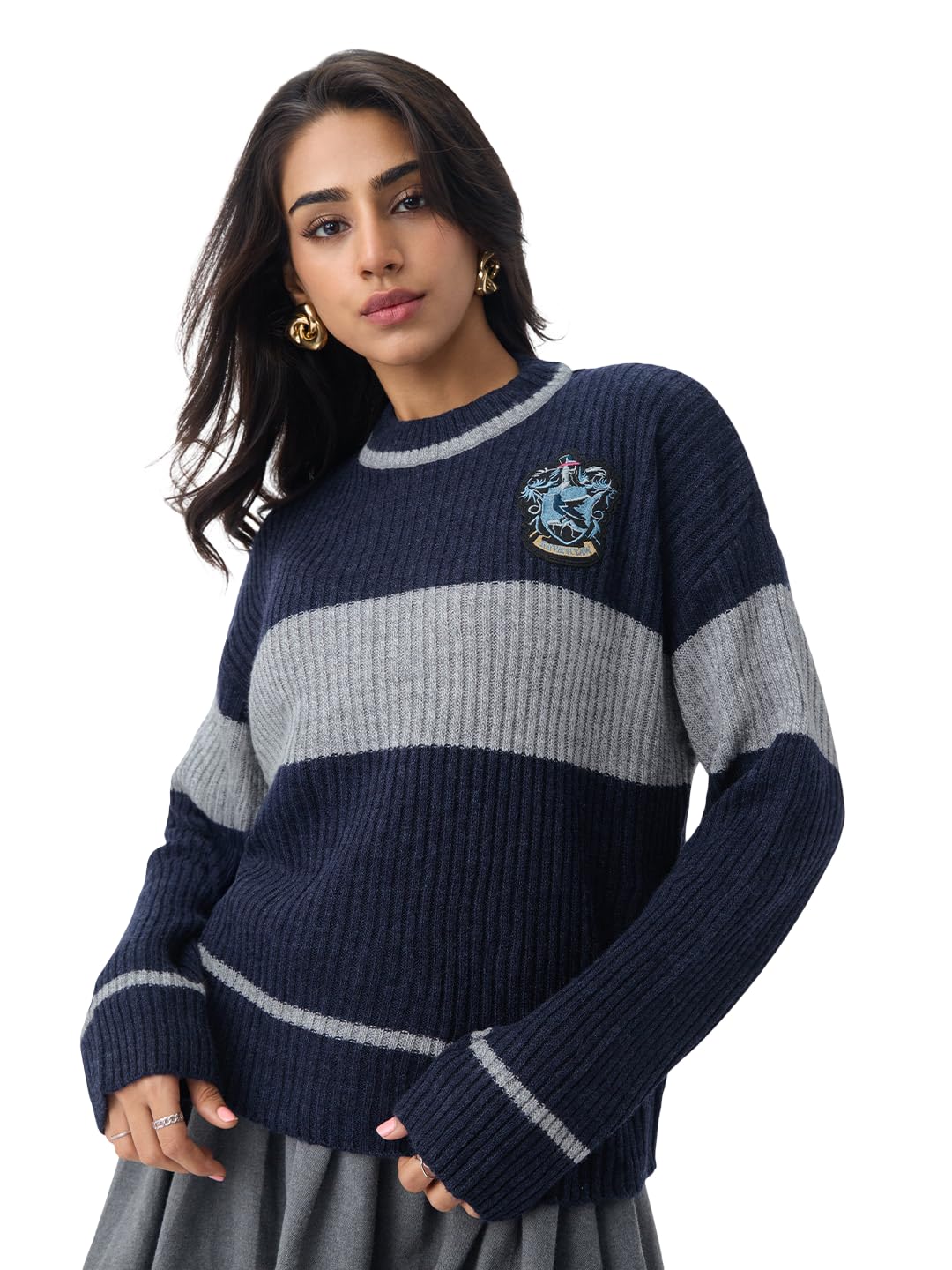 the souled store Harry Potter: The Thinkers Women and Girls Full Sleeves Round Neck Navy Grey Striped Acrylic Oversized Fit Ravenclaw Embroidered Winter Sweater-picture-14