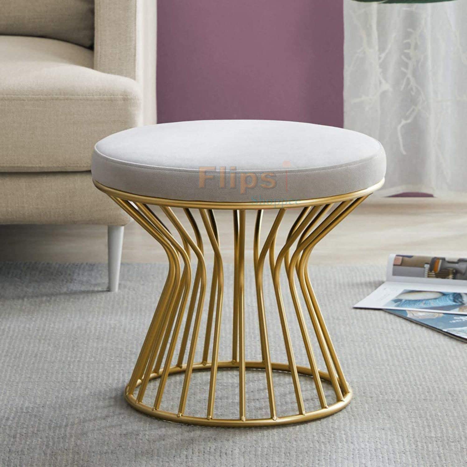 Flipsshoppee Multifunctional Vanity Round Stool Puffy Ottoman Modern Footrest Dressing Stool Upholstered Side Table Footstool With Metal Leg For Sitting Gray - 35.56 Cm, 43.18 Cm