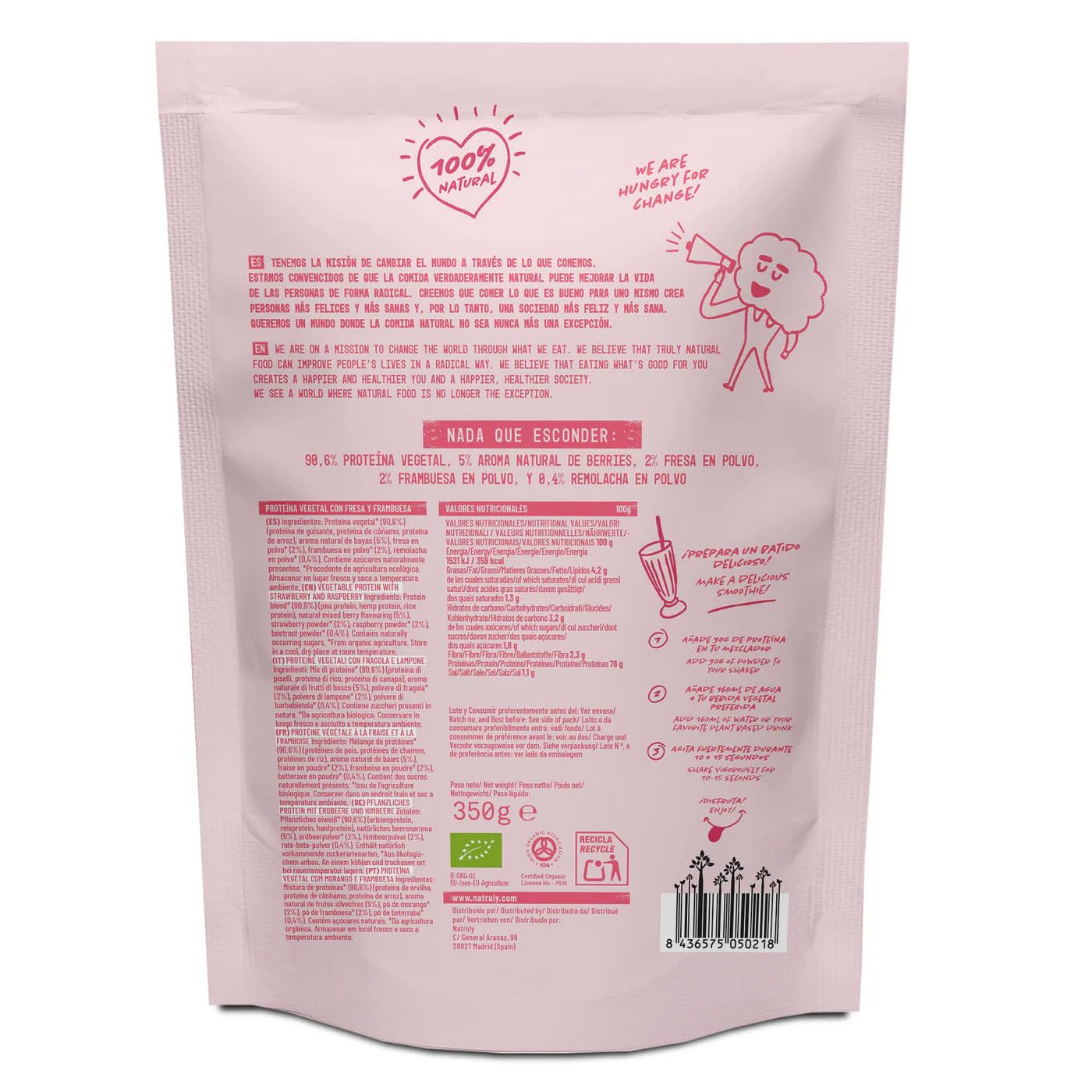 Pack de Proteínas Veganas – 4 Unidades – NATRULY Cacao BIO 350g, Frambuesa BIO 350g, Salud Viva Mix 250g, GREENTUNA Atún Vegano en Aceite de Oliva