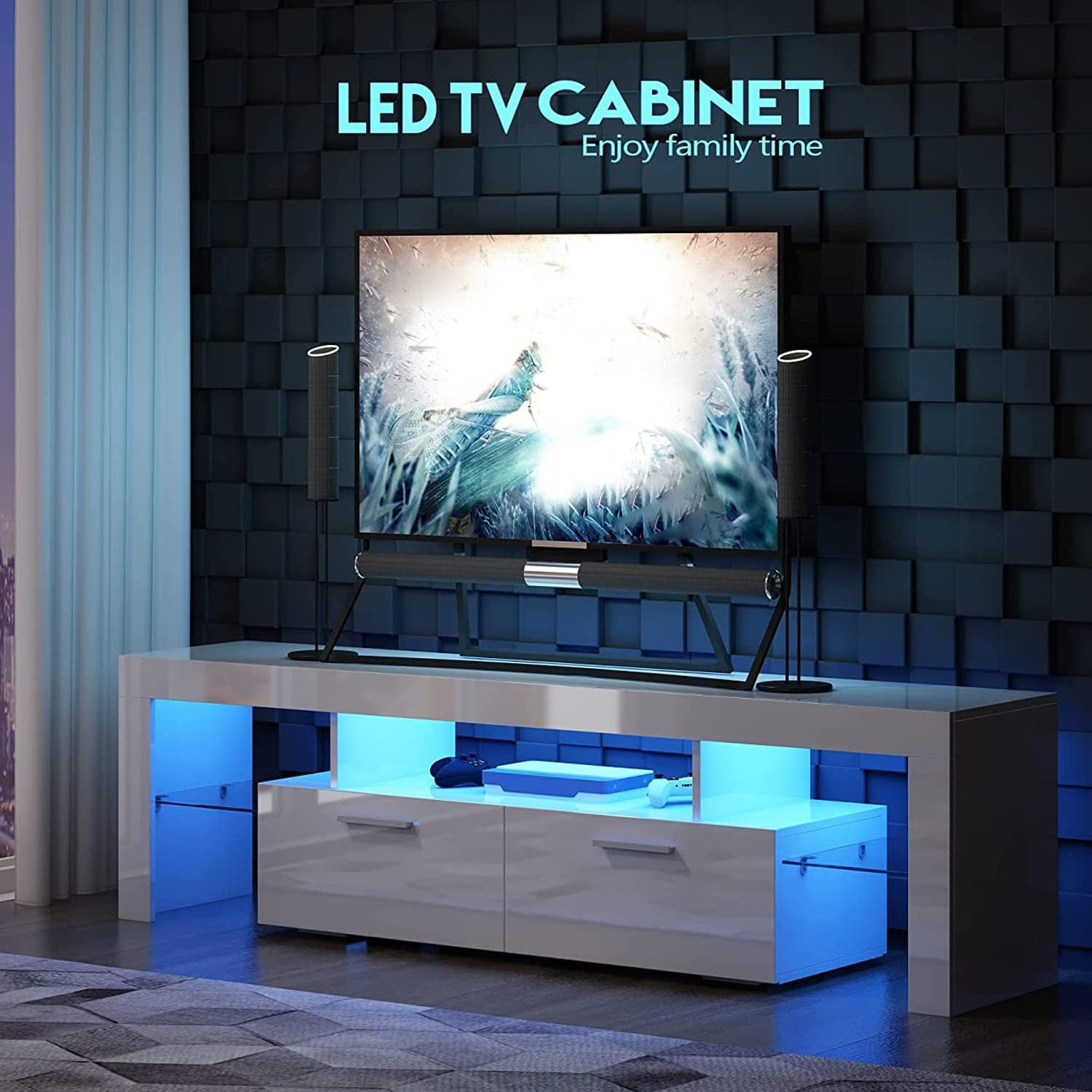 LED White TV Stand for 75 Inch, Center Table for Living Room, LED Light TV Console Table with Storage and Shelves for Living Room Bedroom (63 inch, White)