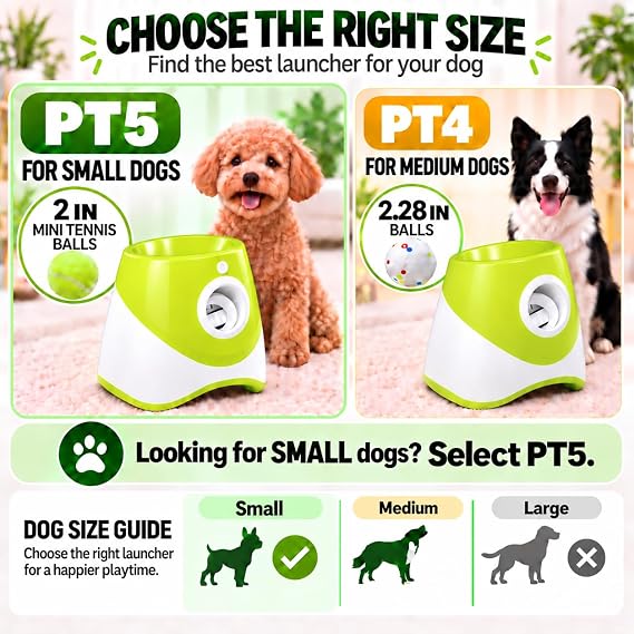 PT5 Automatic Dog Ball Launcher for Small Dogs, 6 2-Inch Mini Tennis Balls, Rechargeable Fetch Machine with 3 Launch Distances