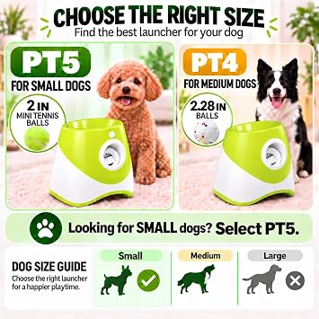 PT5 Automatic Dog Ball Launcher for Small Dogs, 6 2-Inch Mini Tennis Balls, Rechargeable Fetch Machine with 3 Launch Distances